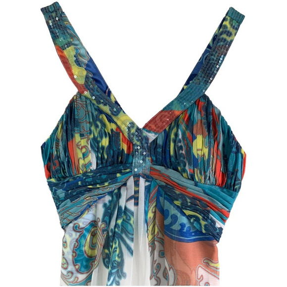 Aidan by Aidan Mattox Empire Waist Chiffon V-Neck Blue Multi Dress Size 6 NWT - Picture 3 of 7